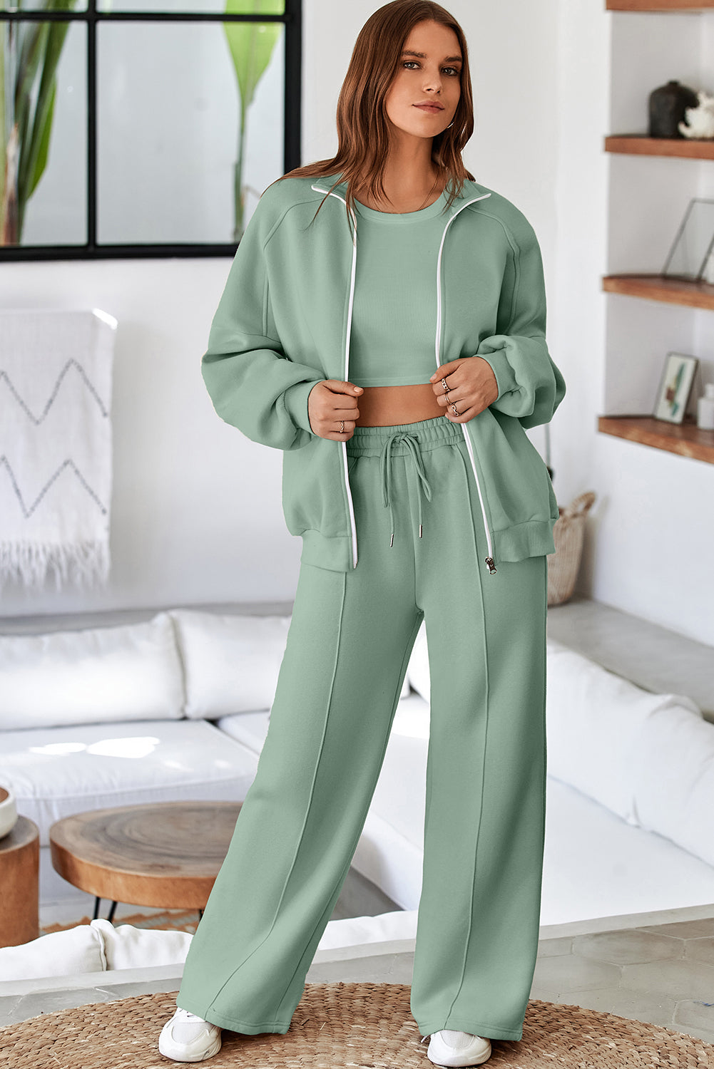 Black Drop Shoulder Zip Up Jacket Drawstring Pants Active 2pcs Set