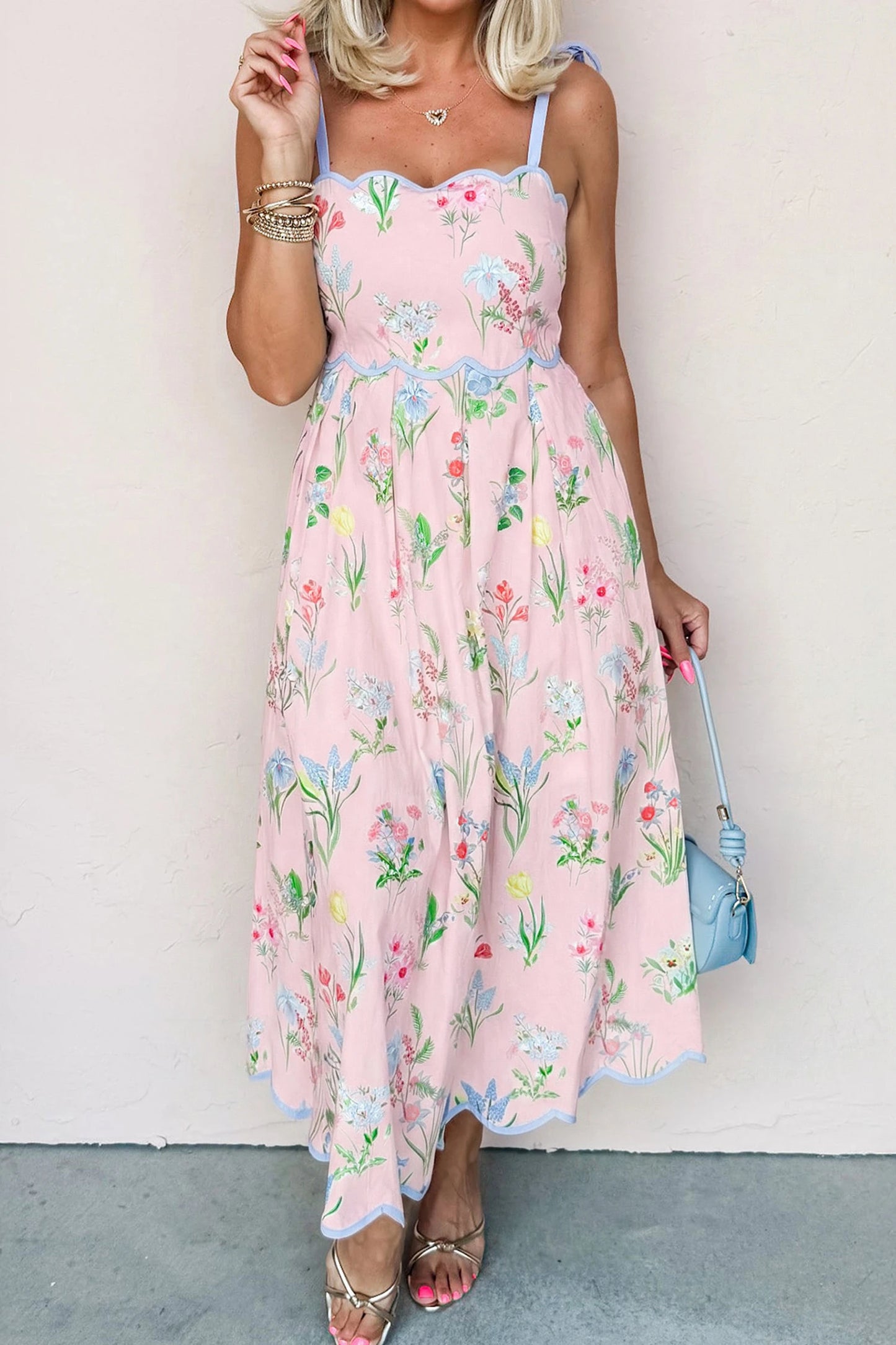 shop similar  shop similar  Beige Floral Print Contrast Trim Self-tie Straps High Waist Midi Dress