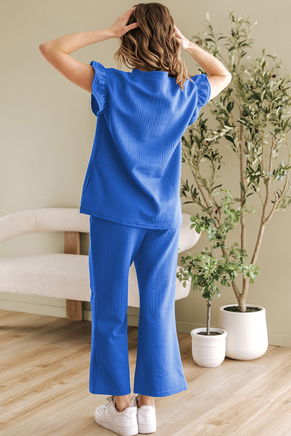 Ruffled Sleeve Summer Top and Cropped Loose Pants Set