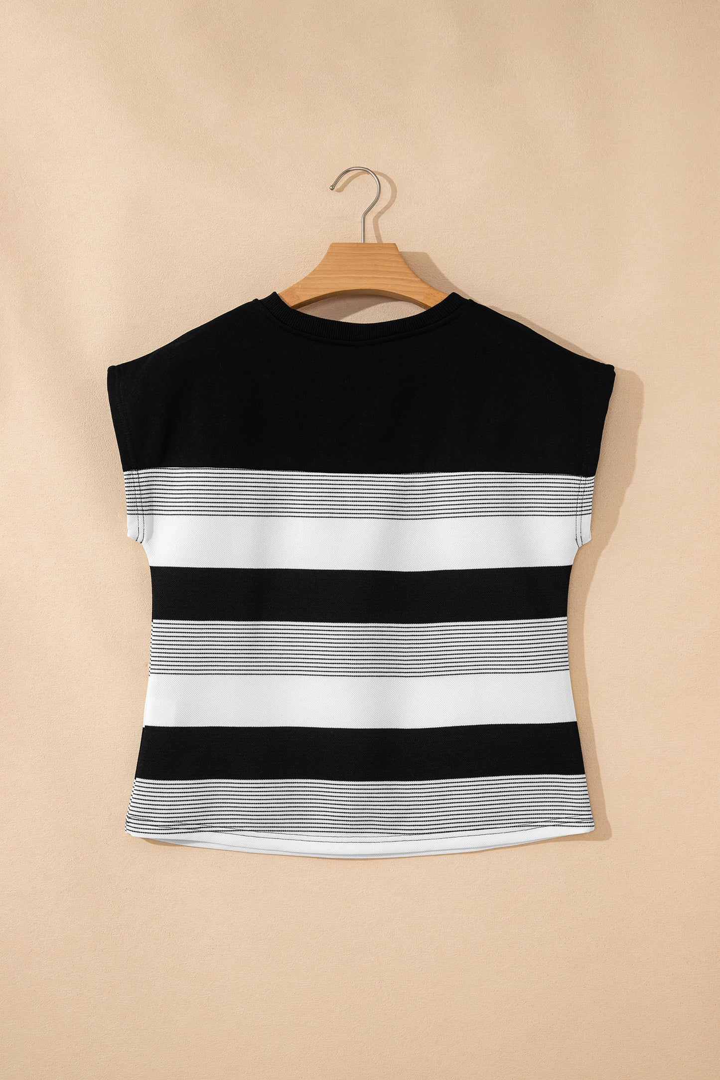 Green Stripe Mixed Print Crew Neck Cap Sleeve T Shirt
