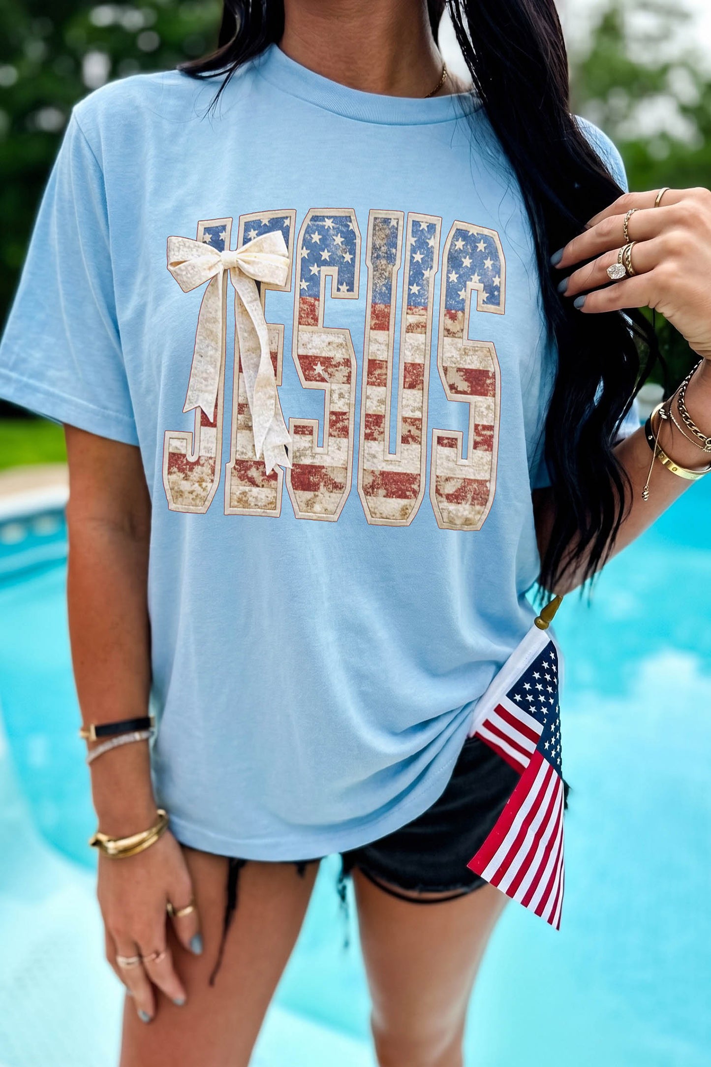 Light Blue Patriotic JESUS Letter Print Shift T Shirt