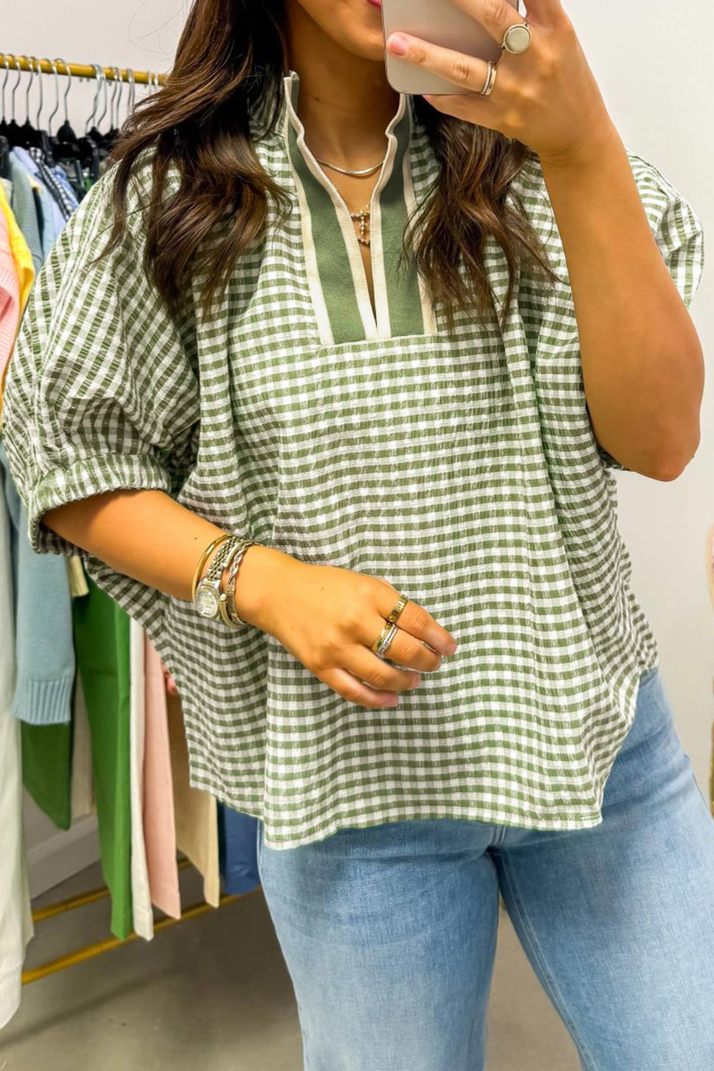 Plaid Polyester Blouse Casual Shift Short Sleeve