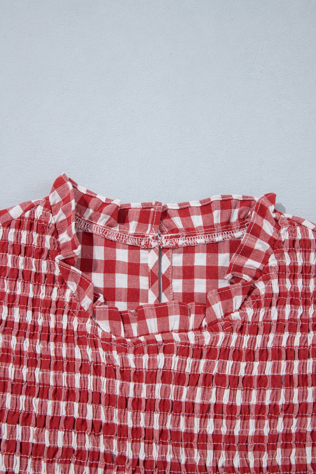 Brown 3/4 Sleeve Shirred Plaid Peplum Top