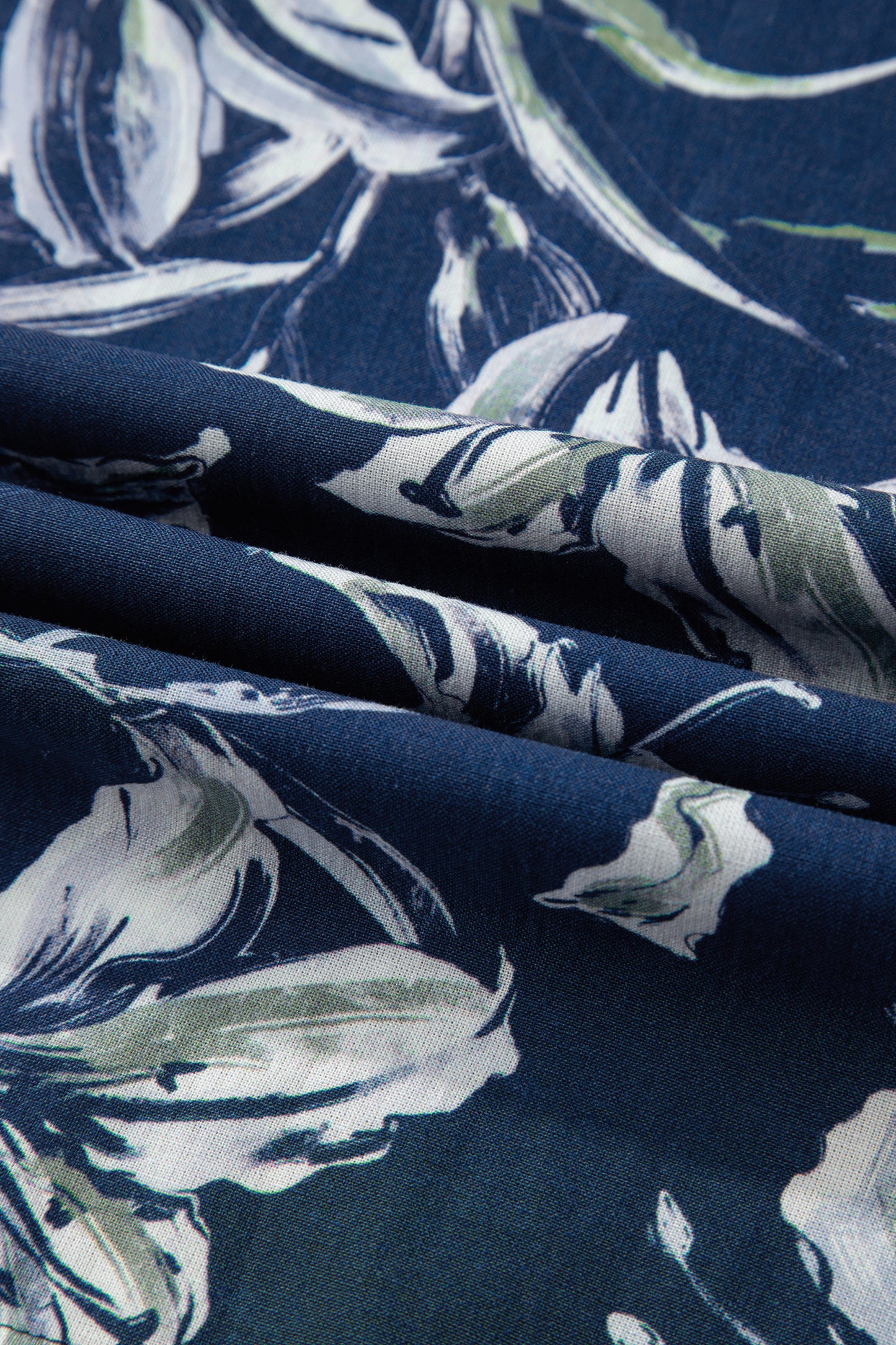 Blue Floral Print Short Puff Sleeve Striped Trim V Neck Blouse