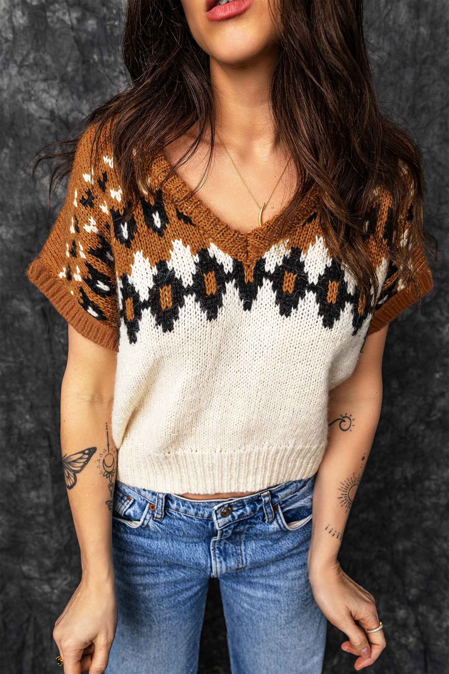 Brown V Neck Short Sleeve Geometric Print Western Style Knit Tee