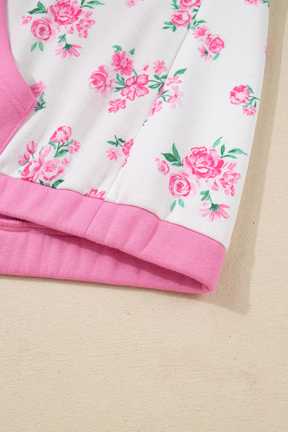 Pink Plus Size Contrast Polo Collar Floral Patchwork Elastic Cuffs Long Sleeve Top