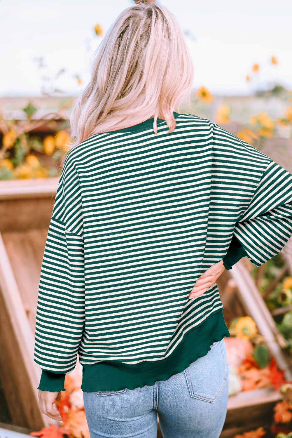 Solid Color Stripe Loose Drop Shoulder Long Sleeve Top