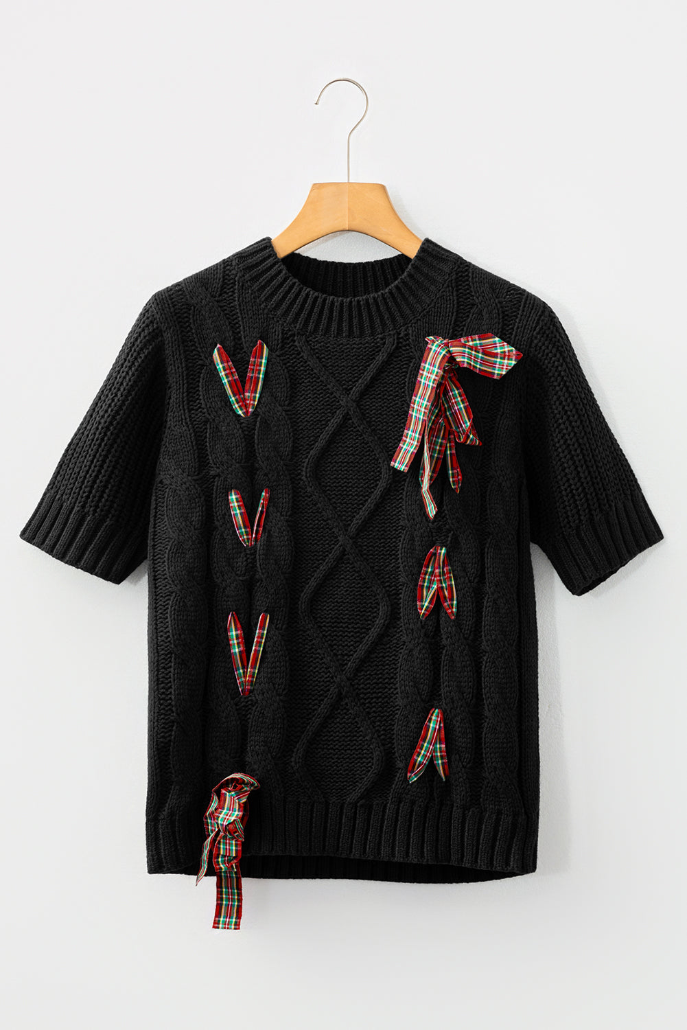 Plaid Lace up Detail Christmas Holiday Puff Short Sleeve Sweater