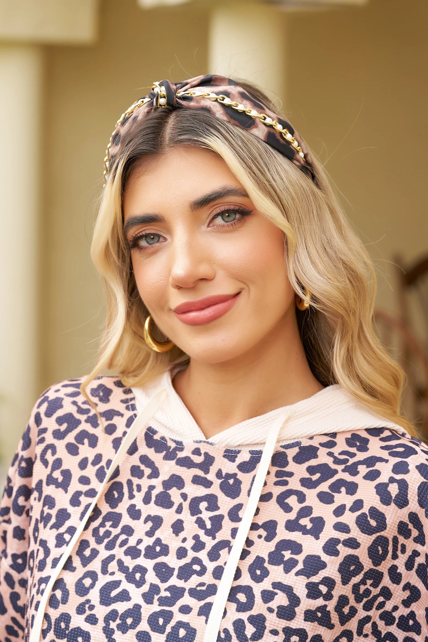 Chestnut Leopard Wideband Knotted Pearl Chain Detail Headband