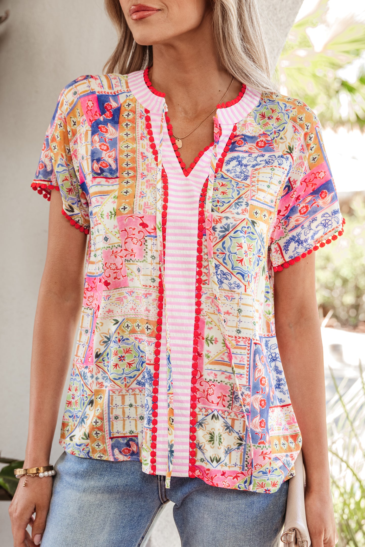 Red Mixed Print V Neck Short Sleeve Blouse