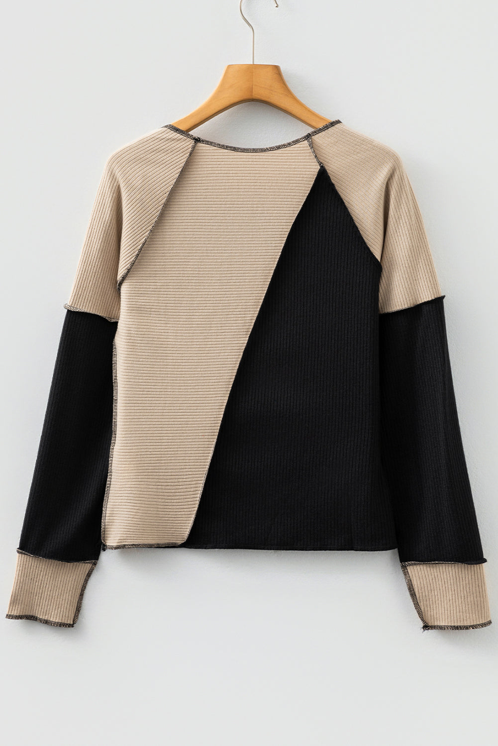 White Irregular Color Block Seaming Trim Rib Knit Top