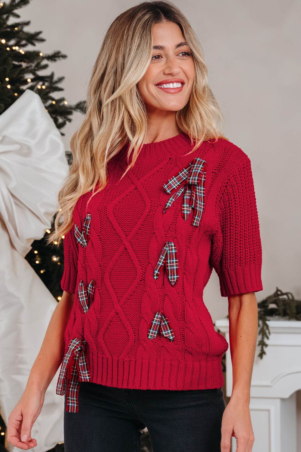 Plaid Lace up Detail Christmas Holiday Puff Short Sleeve Sweater