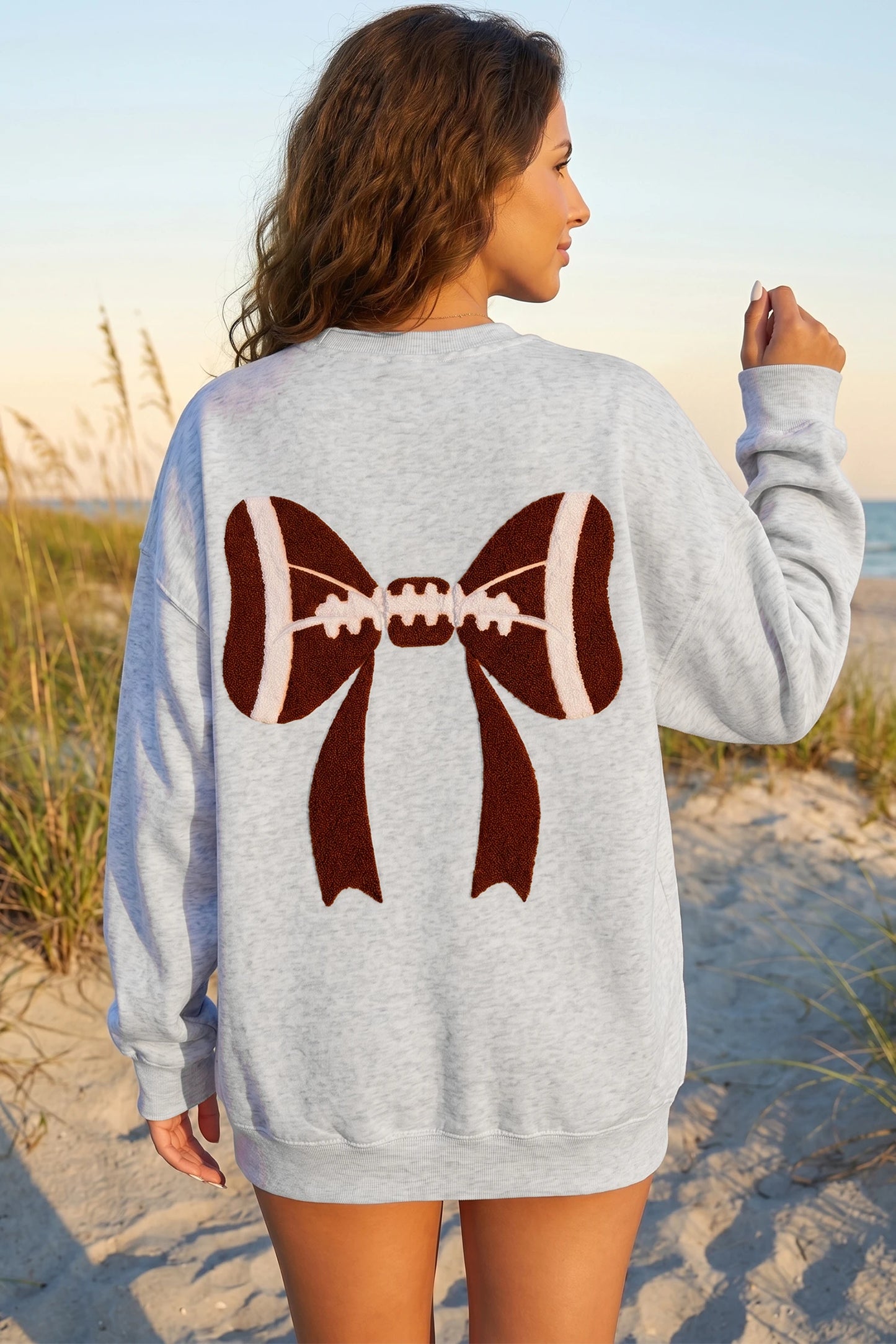 Chenille Embroidered Rugby Bow Game Day Oversized Sweatshirt