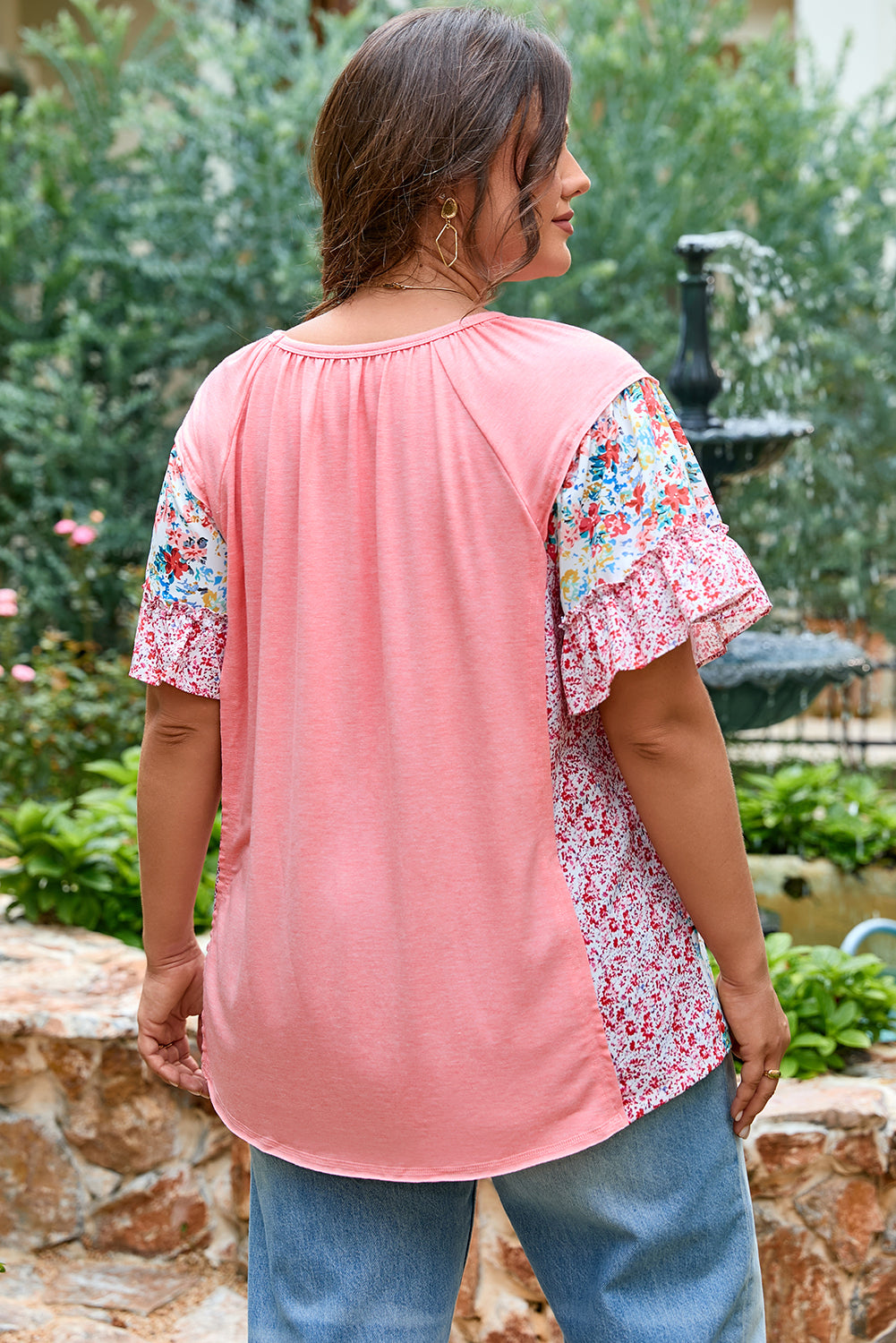 Plus Size Pink Floral Patchwork Ruffled Short Sleeve Blouse
