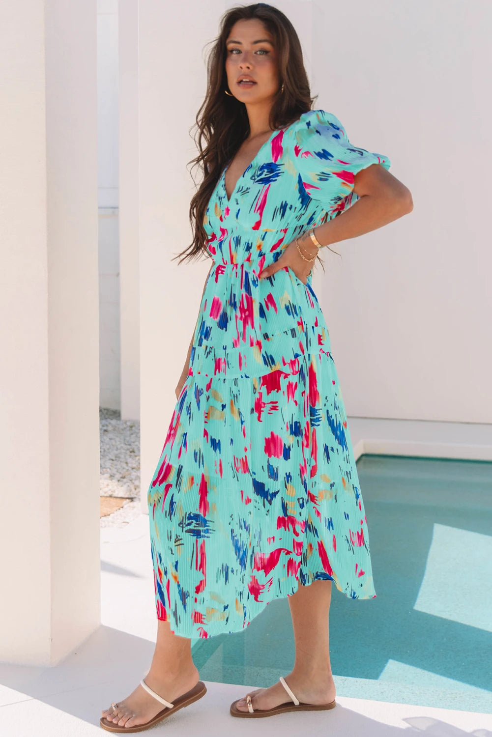 Abstract Print Short Puff Sleeve Tiered Maxi Dress