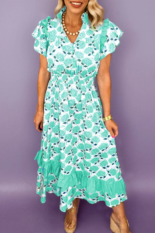 Sky Blue Hydrangea Floral Print Ruffle Trim Flutter Sleeve Long Dress