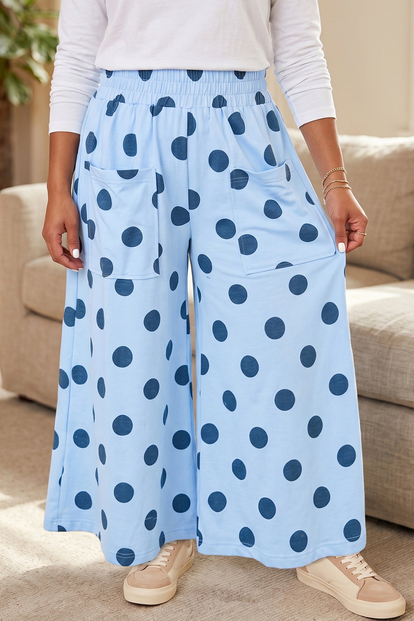 Sky Blue Polka Dot Elastic Waist Wide Leg Plus Size Pants