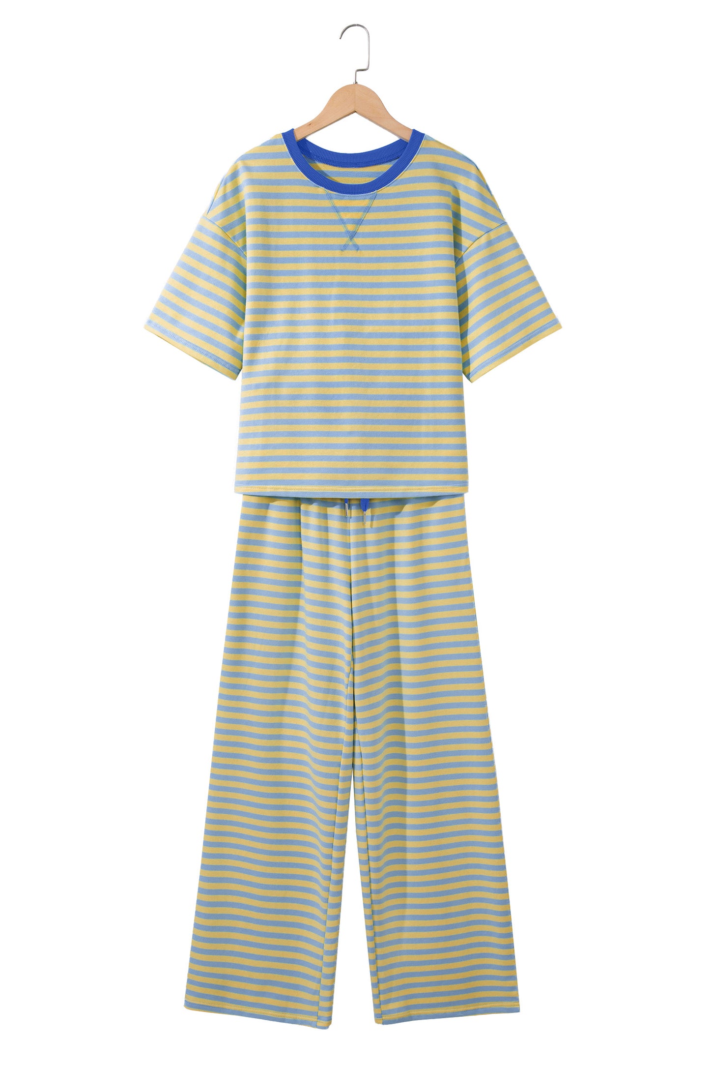 Pink Stripe Colorblock Trim Crew Neck Loose Tee Drawstring Elastic Waist 2pcs Pant Set
