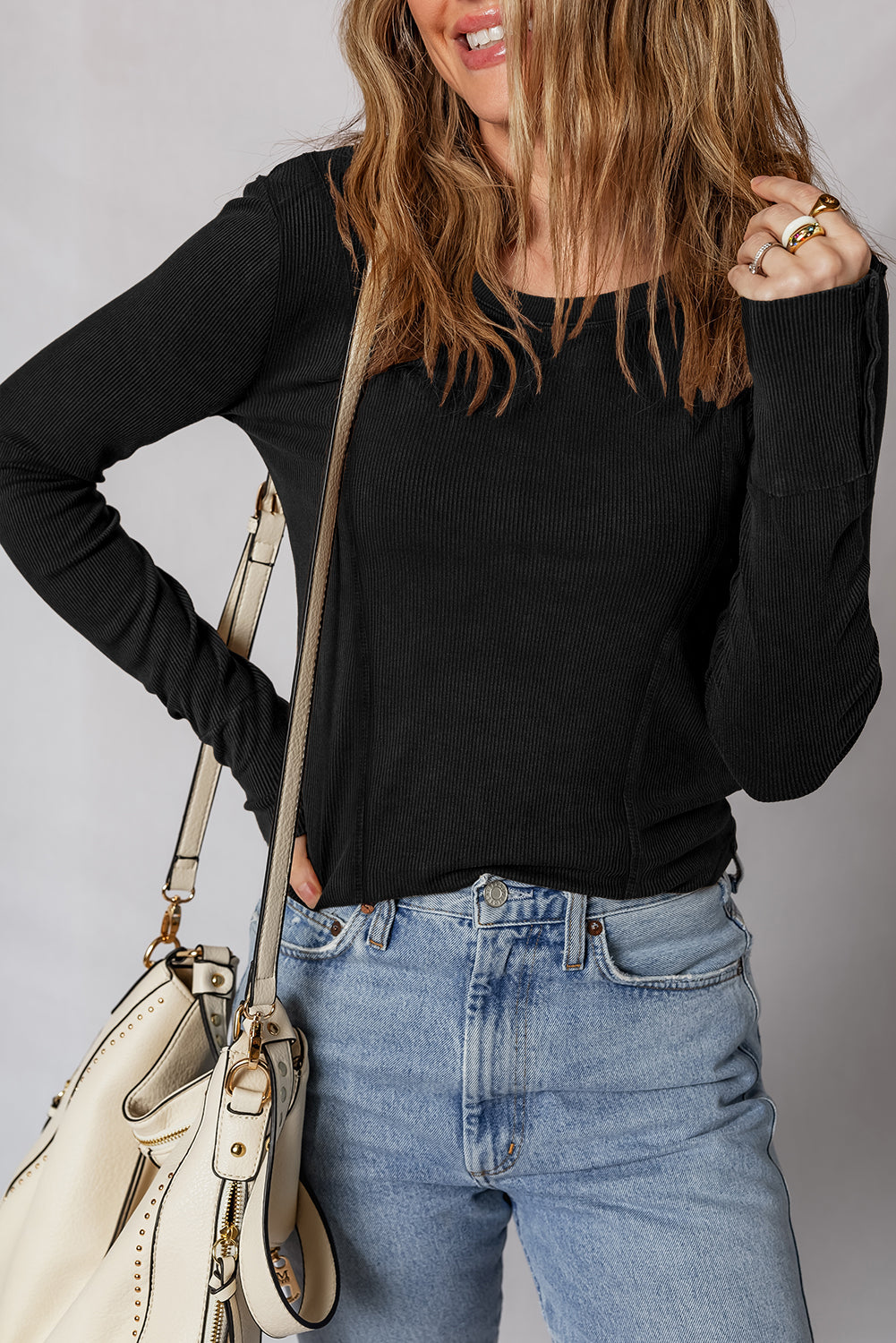 Coffee Exposed Seam Ribbed Long Sleeve Top