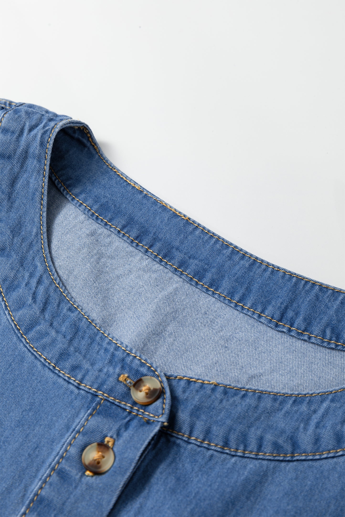 Beau Blue Seam Pleated Detail Half Button Short Sleeve Denim Top