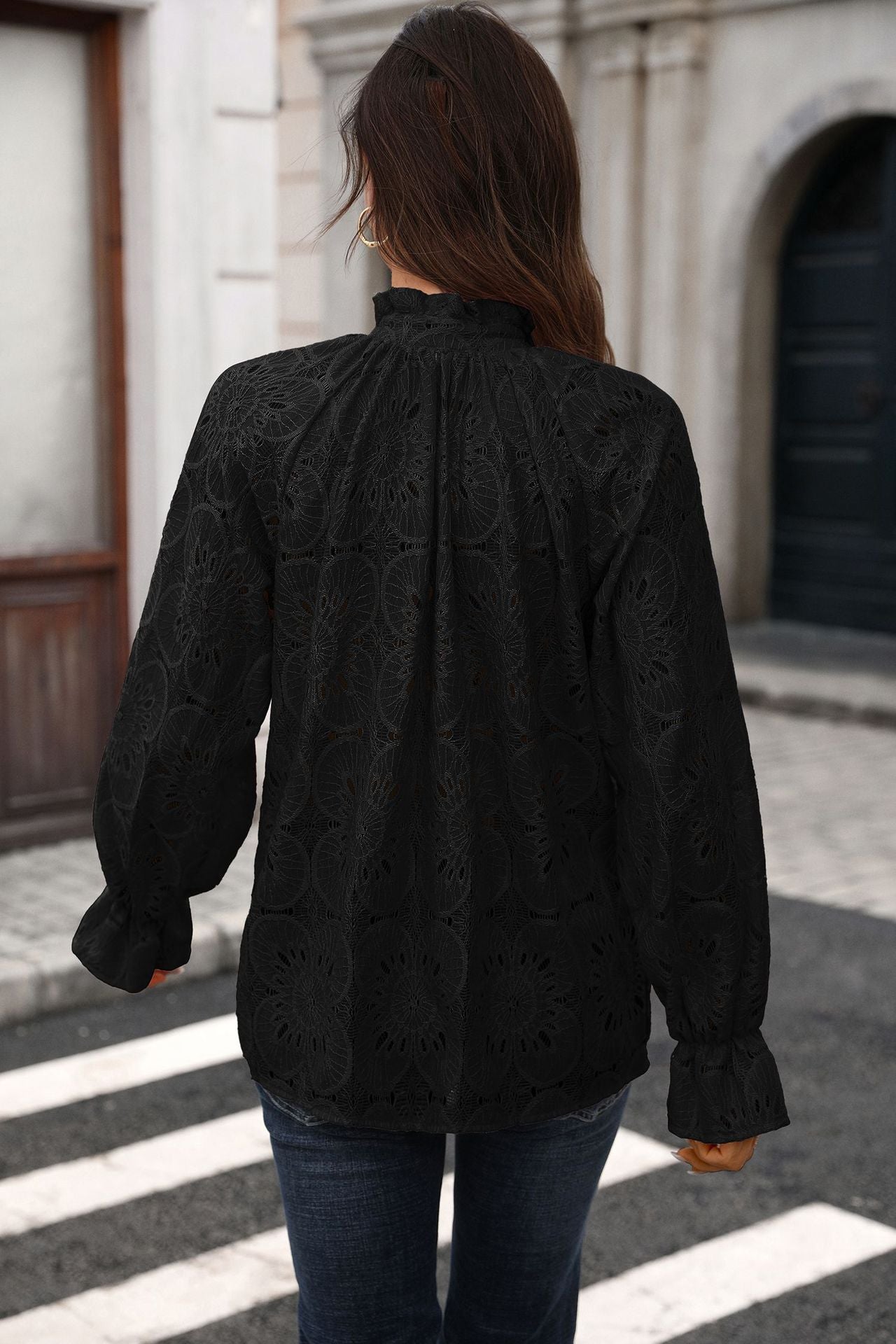 Eyelet Lace V Neck Top Long Sleeve Loose Casual Blouse