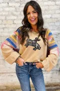 Light French Beige Sequined Rodeo Graphic Aztec Bubble Sleeve Patchwork Western Sweatshirt