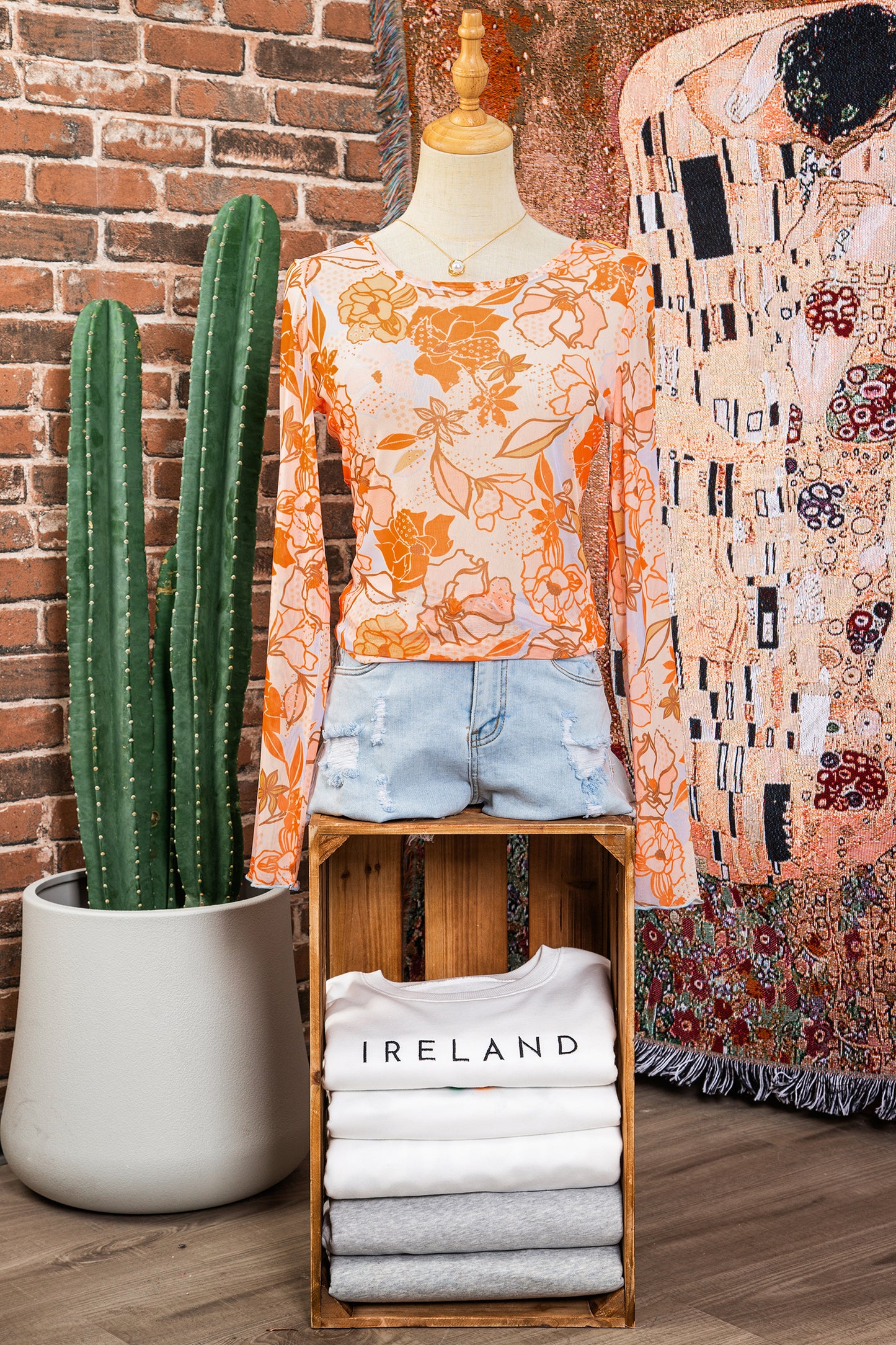 Multicolour Floral Print Lettuce Trim Slim Long Sleeve Top