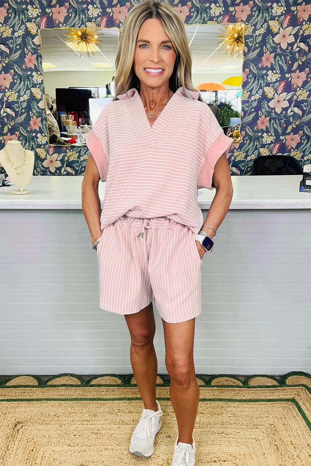 shop similar  shop similar  shop similar  shop similar  shop similar  shop similar  shop similar  shop similar  shop similar  shop similar  shop similar  shop similar  shop similar  Sky Blue Stripe Dolman Sleeve Polo Shirt and Drawstring Shorts Set