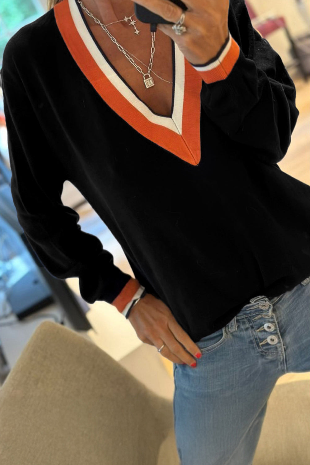 Gray Contrast Striped Trim V Neck Varsity Sweater