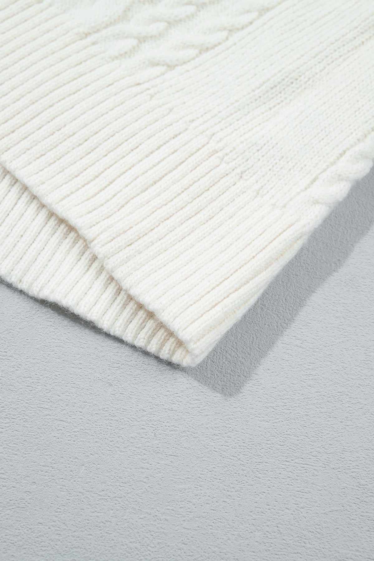 Beige Solid Color Cable Detail Knit Loose Round Neck Sweater