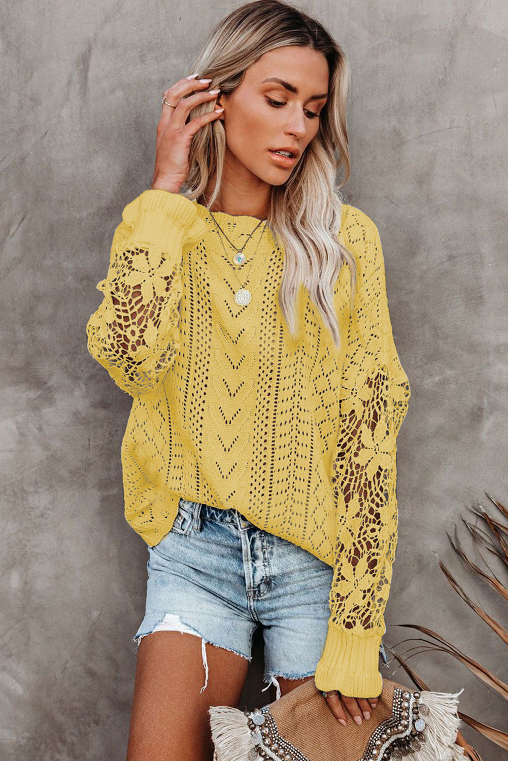 Yellow Crochet Lace Pointelle Knit Sweater