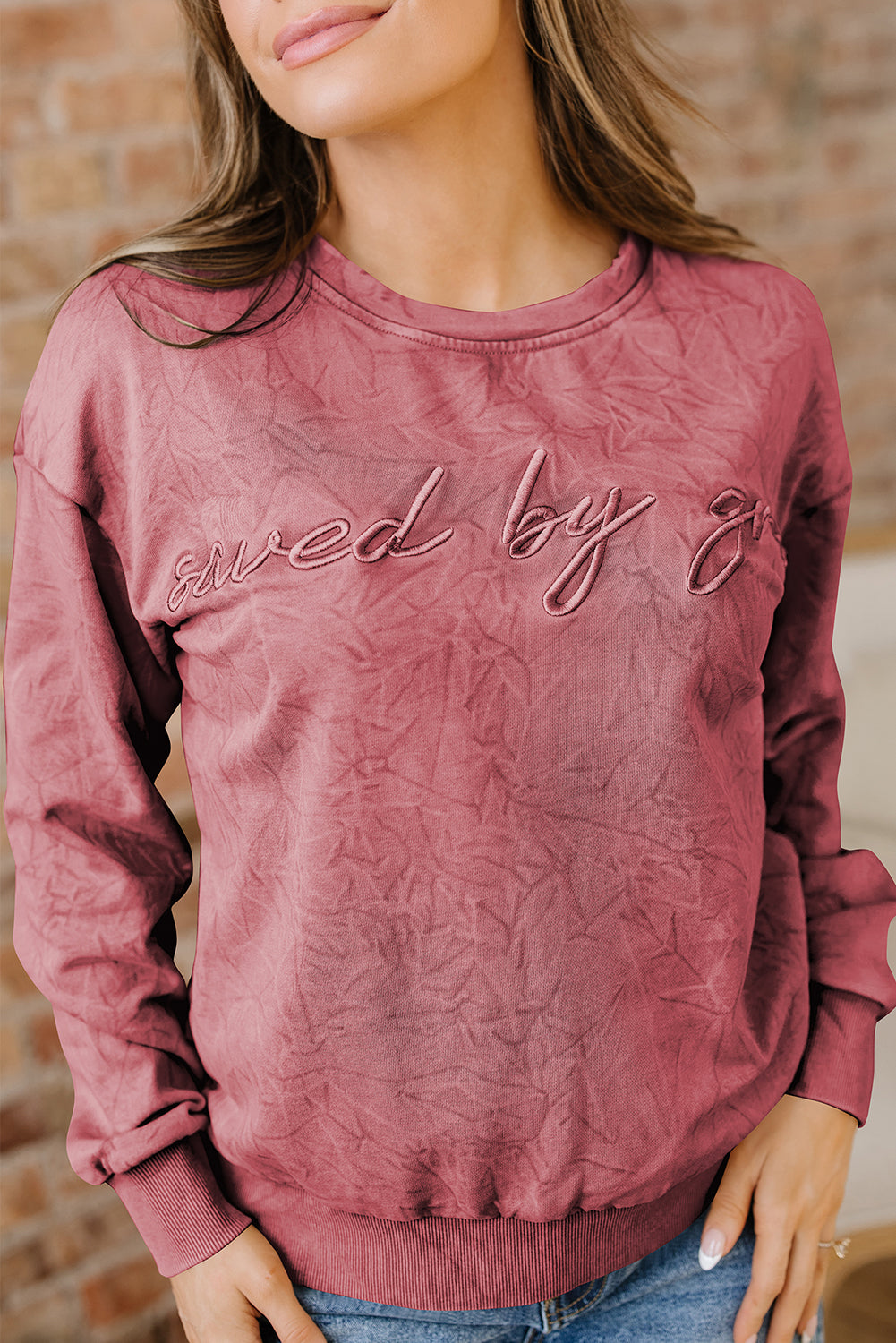 Saved by grace Letter Embroidery Mineral Wash Loose Sweatshirt