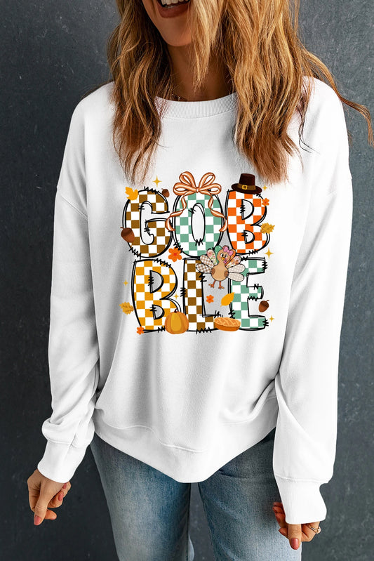 White GOBBLE Checkered Letter Print Thanksgiving Turkey Graphic Sweatshirt