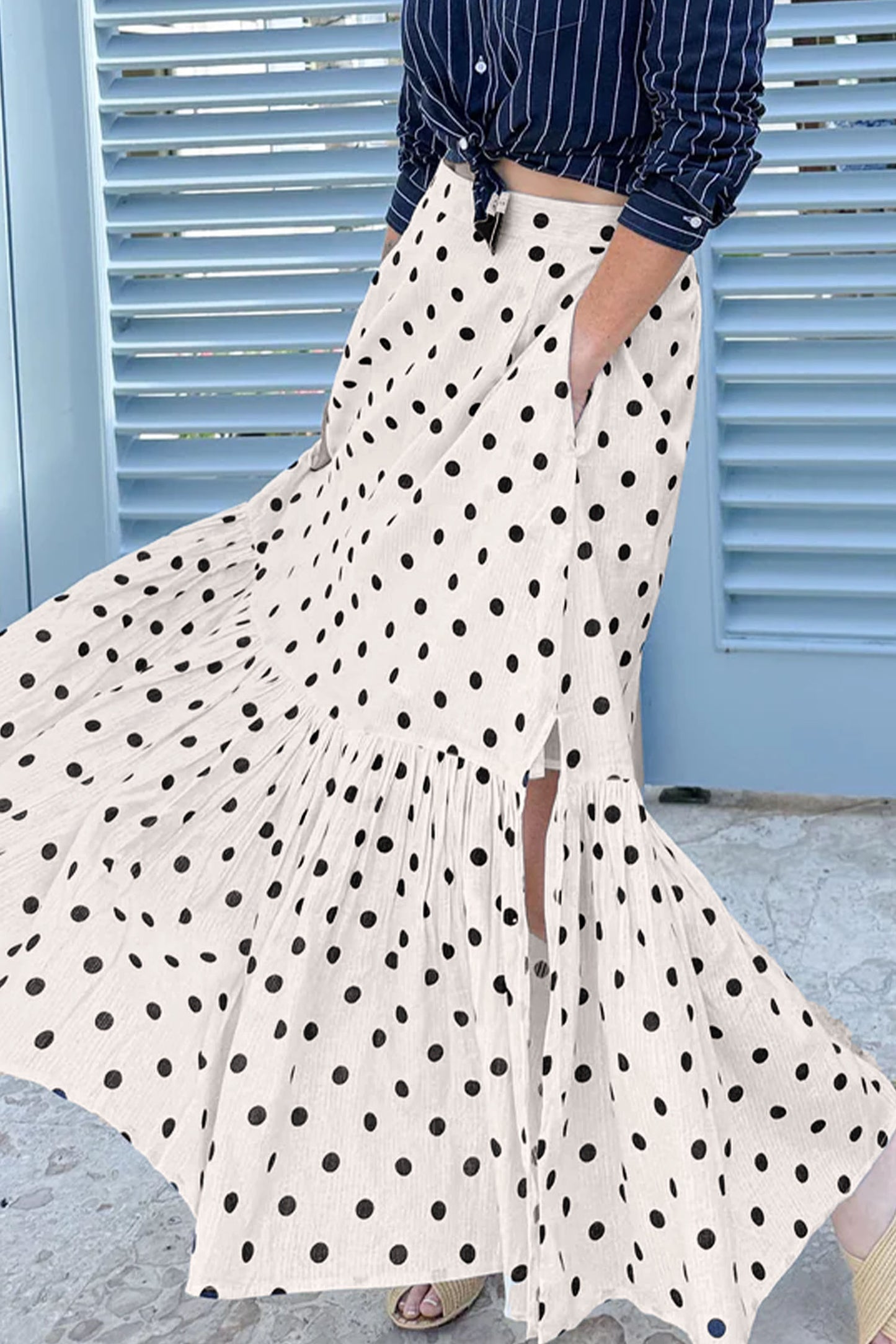 Polka Dot Maxi Skirt Side Slit Vacation Skirt