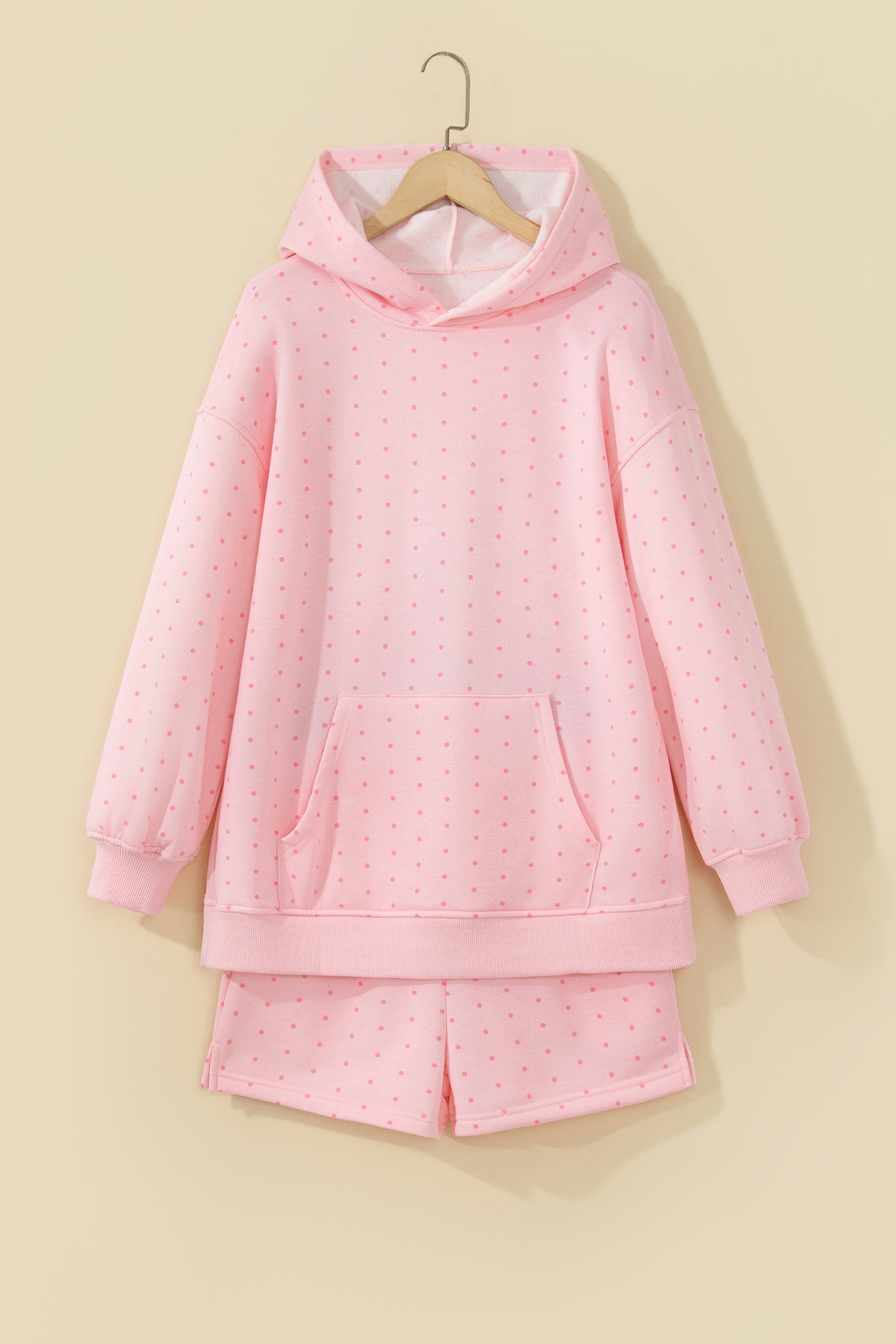 Pink Polka Dot Printed Oversized Hoodie Casual Shorts 2pcs Set