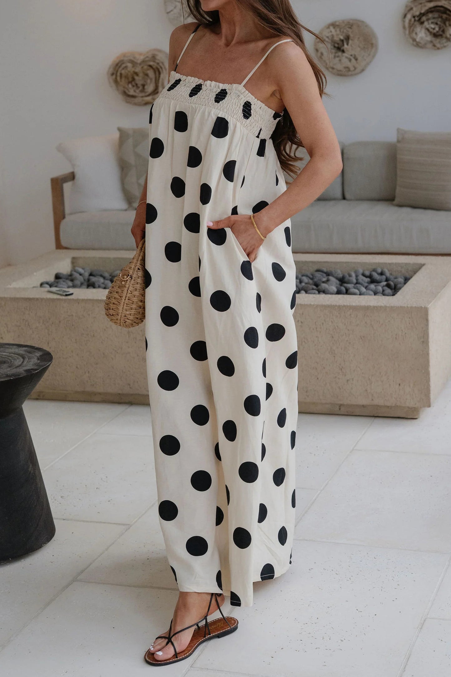 Polka Dot Polyester Maxi Dress Resort Vacation Spaghetti Straps  Sundress
