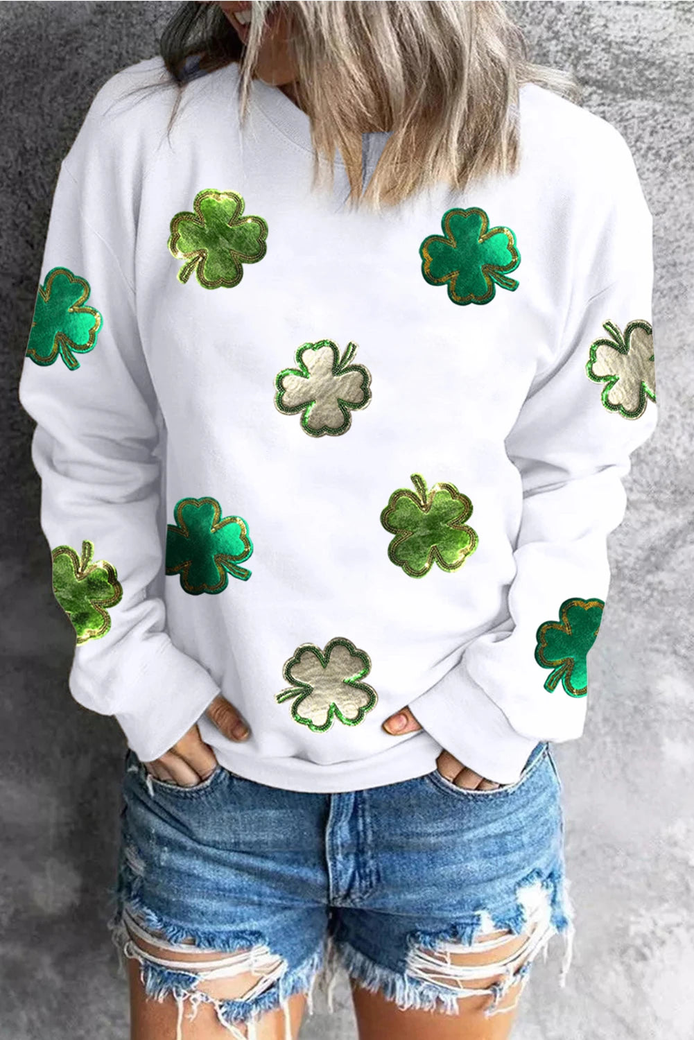 White Four Leaf Clover Patched Graphic St Patricks Sweatshirt