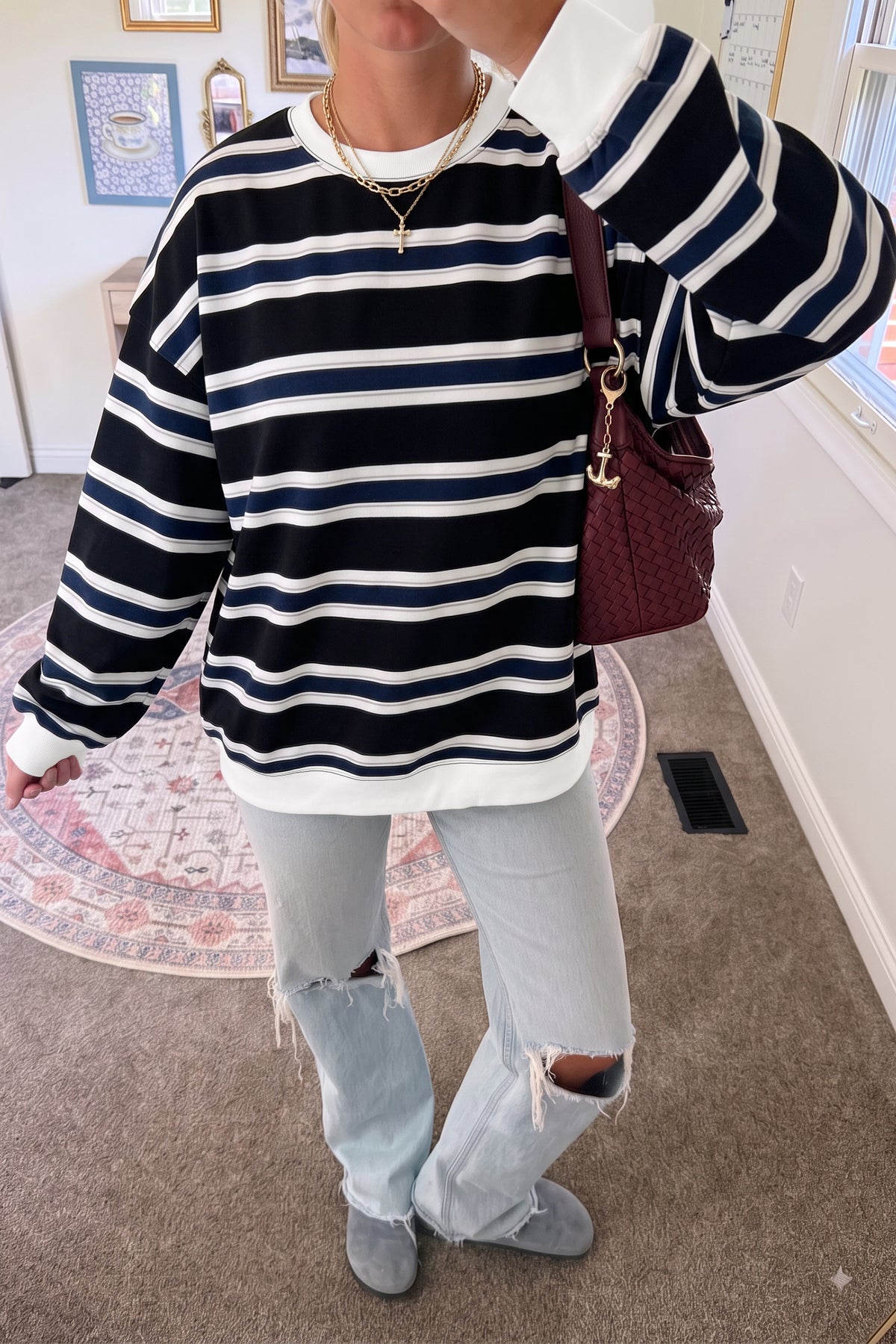 Blue Stripe Ribbed Color Block Trim Round Neck Dropped Shoulder Sweatshirt