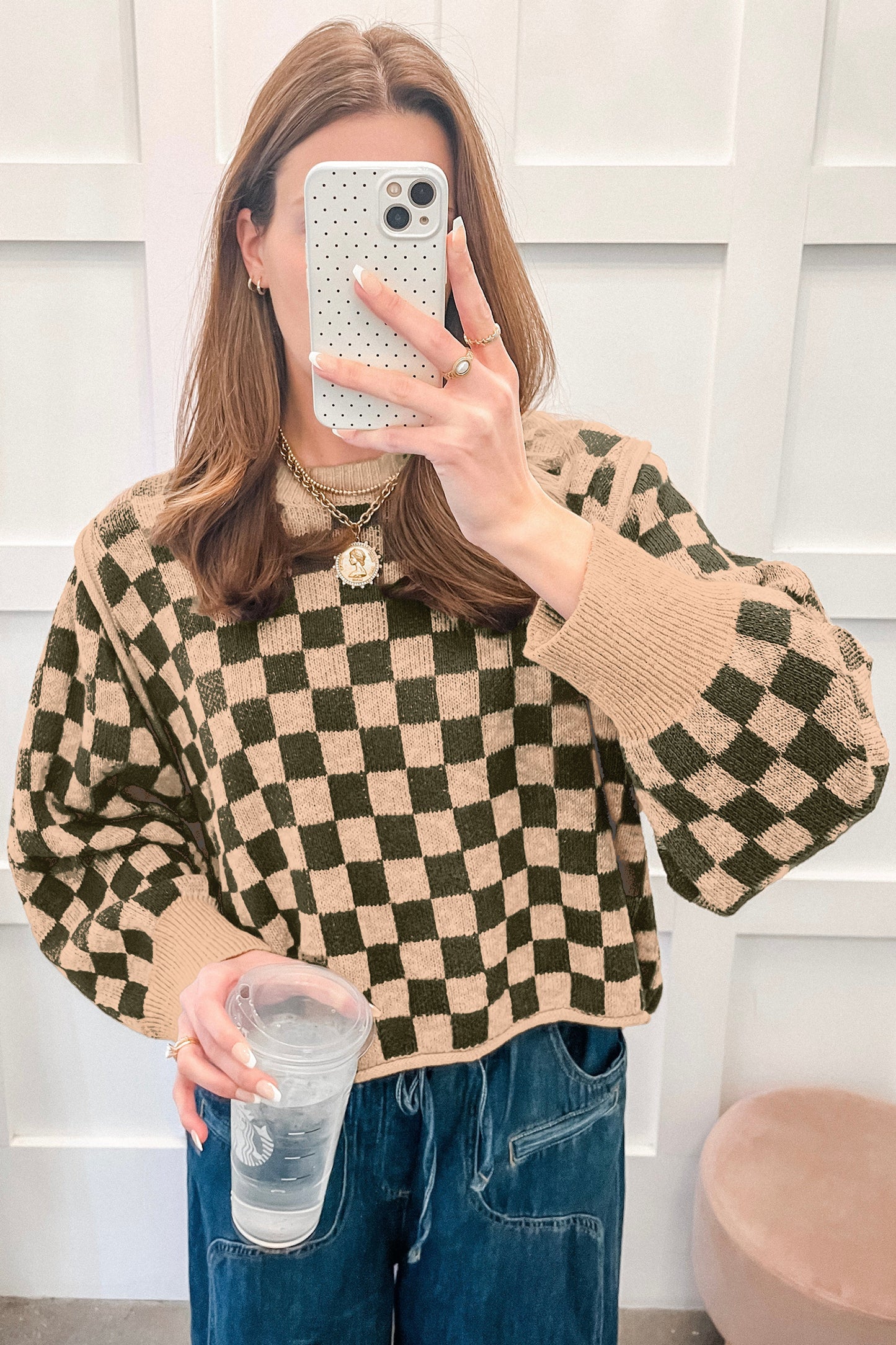 Multicolour Drop Shoulder Plaid Knit Long Sleeve Sweater