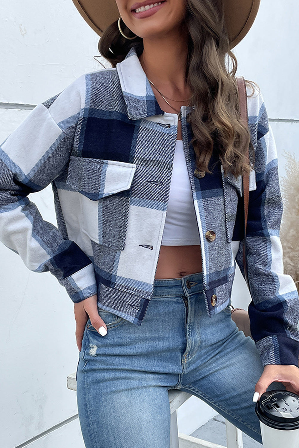 Sleeve Buttoned Cardigan Plaid Jacket With Pockets