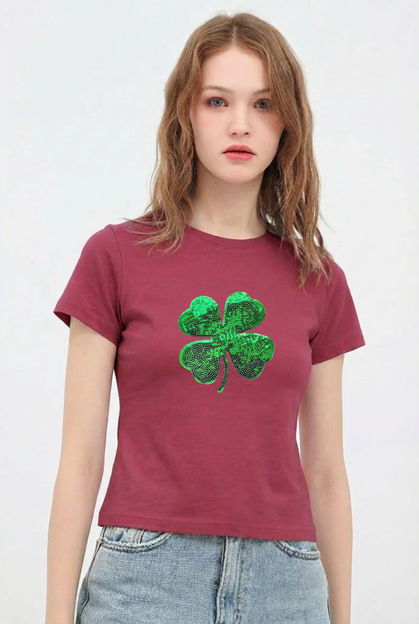 St Patricks Day Sequin Shamrock Crop T-Shirt