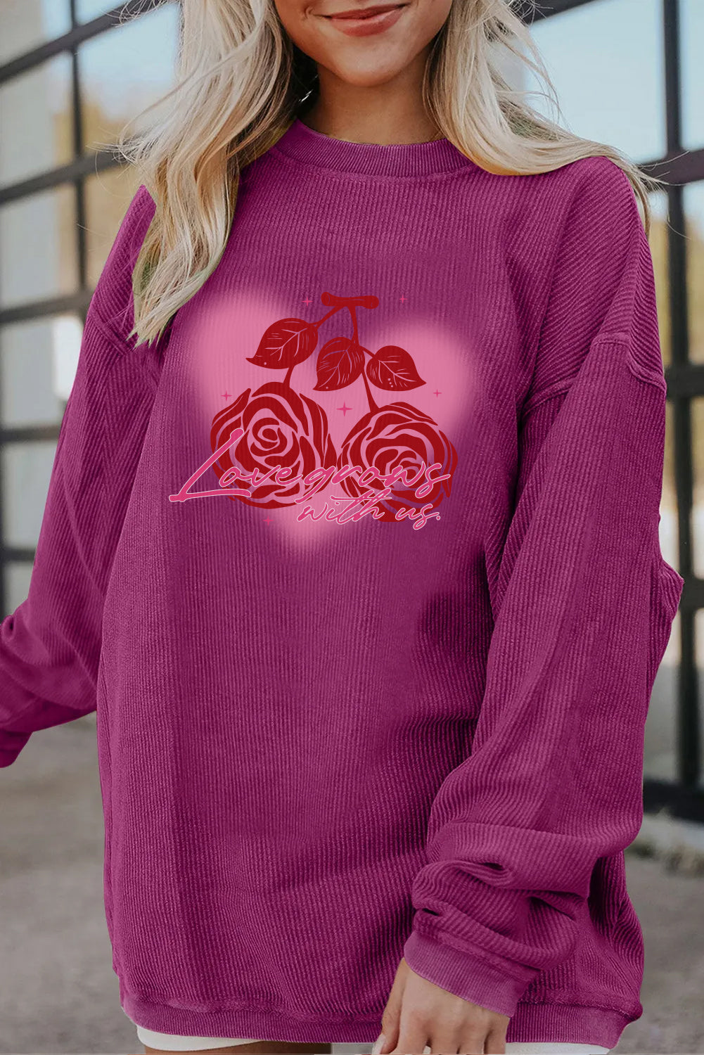 Valentine Rose Heart Corduroy Ribbed Oversized Sweatshirt