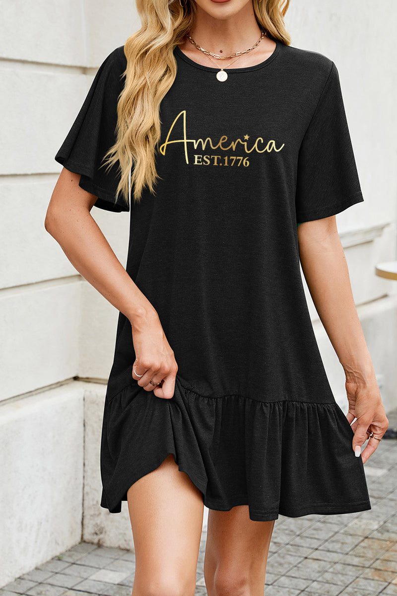 America Letter Cotton Dress Casual Ruffle Trendy
