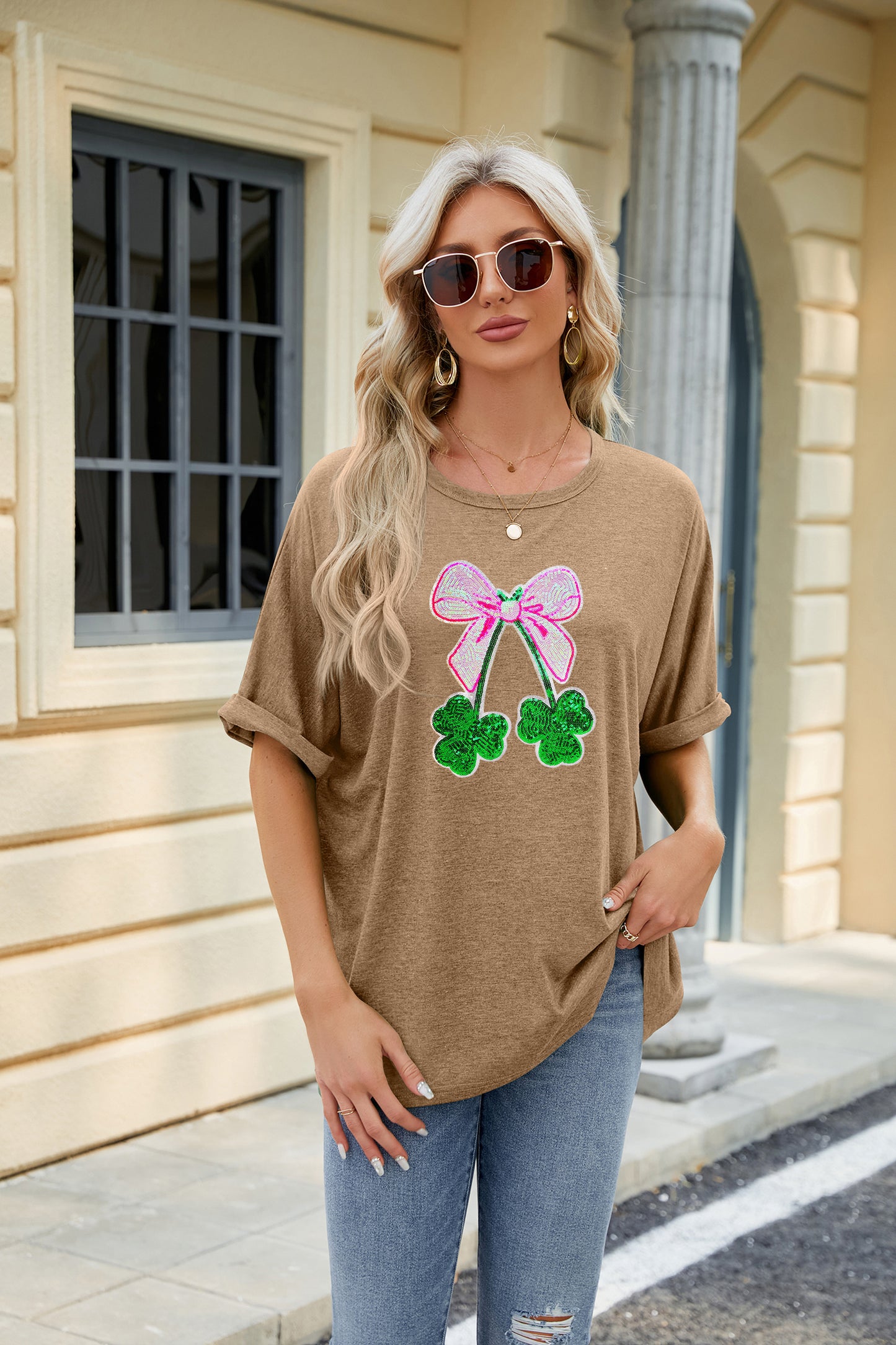 St Patrick’s Day Sequin Bow Clover Graphic Tee