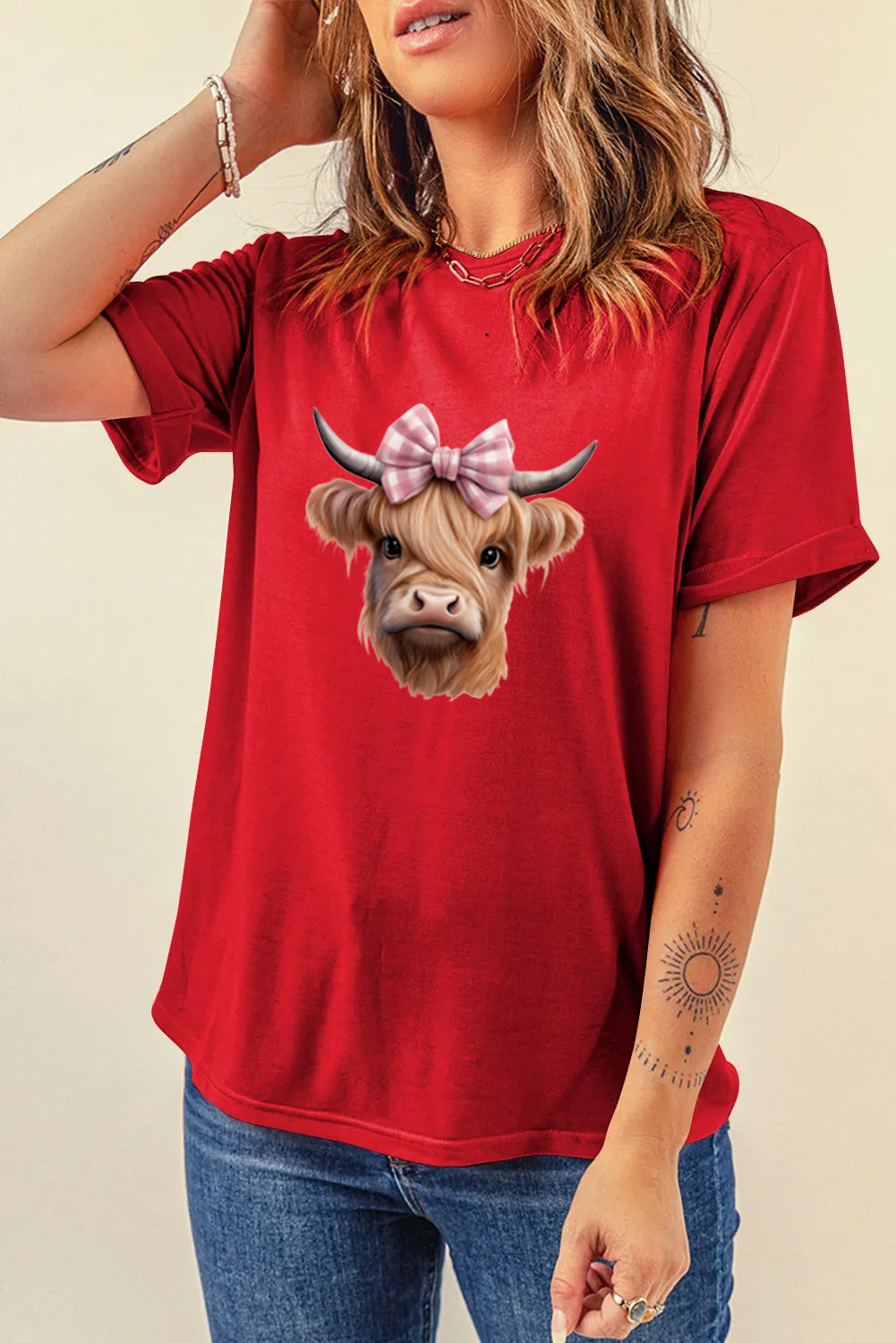 Western Bow Highland Cow Graphic Tee for Women