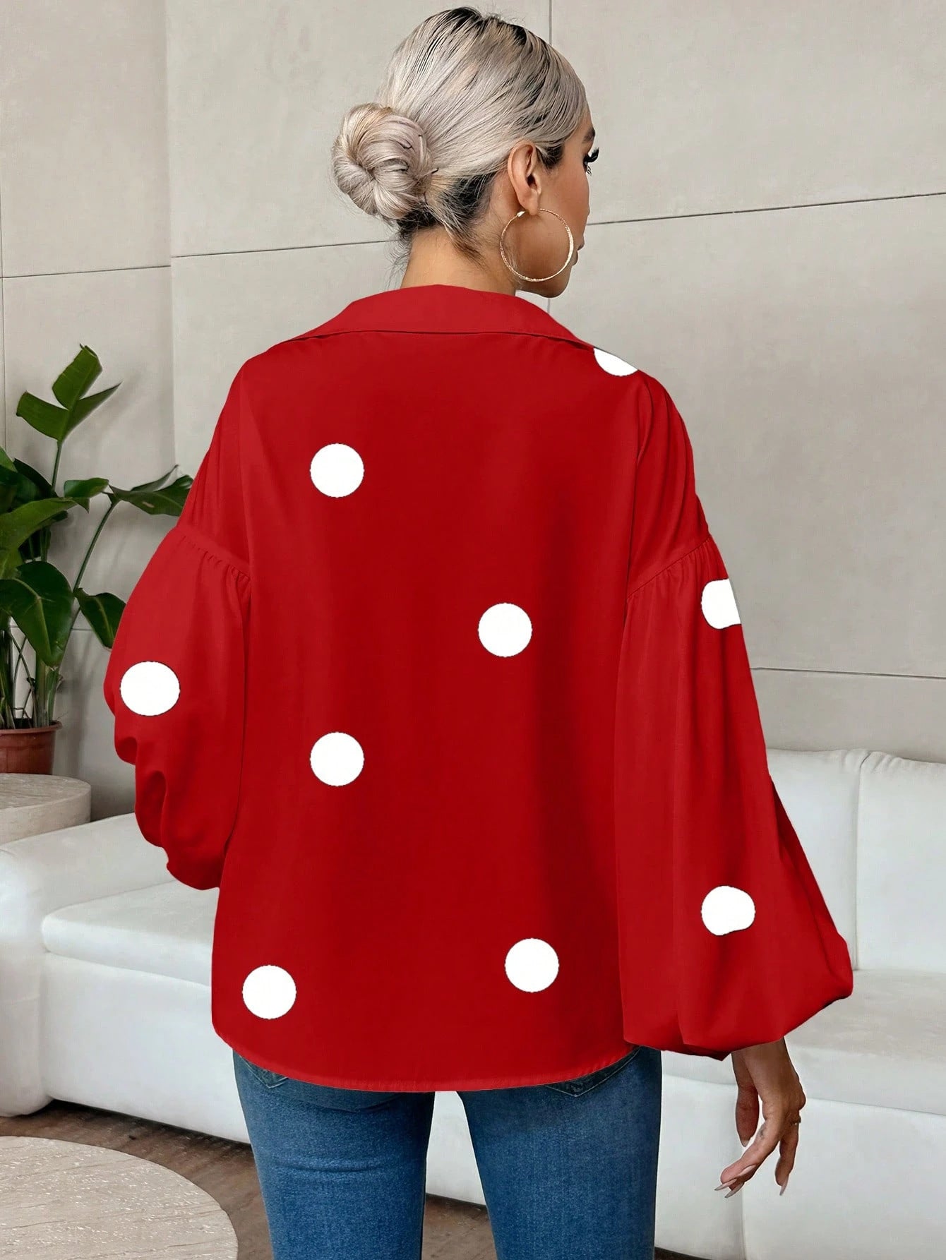 French Polka Dot Half-Open Collar Puff Sleeve Top