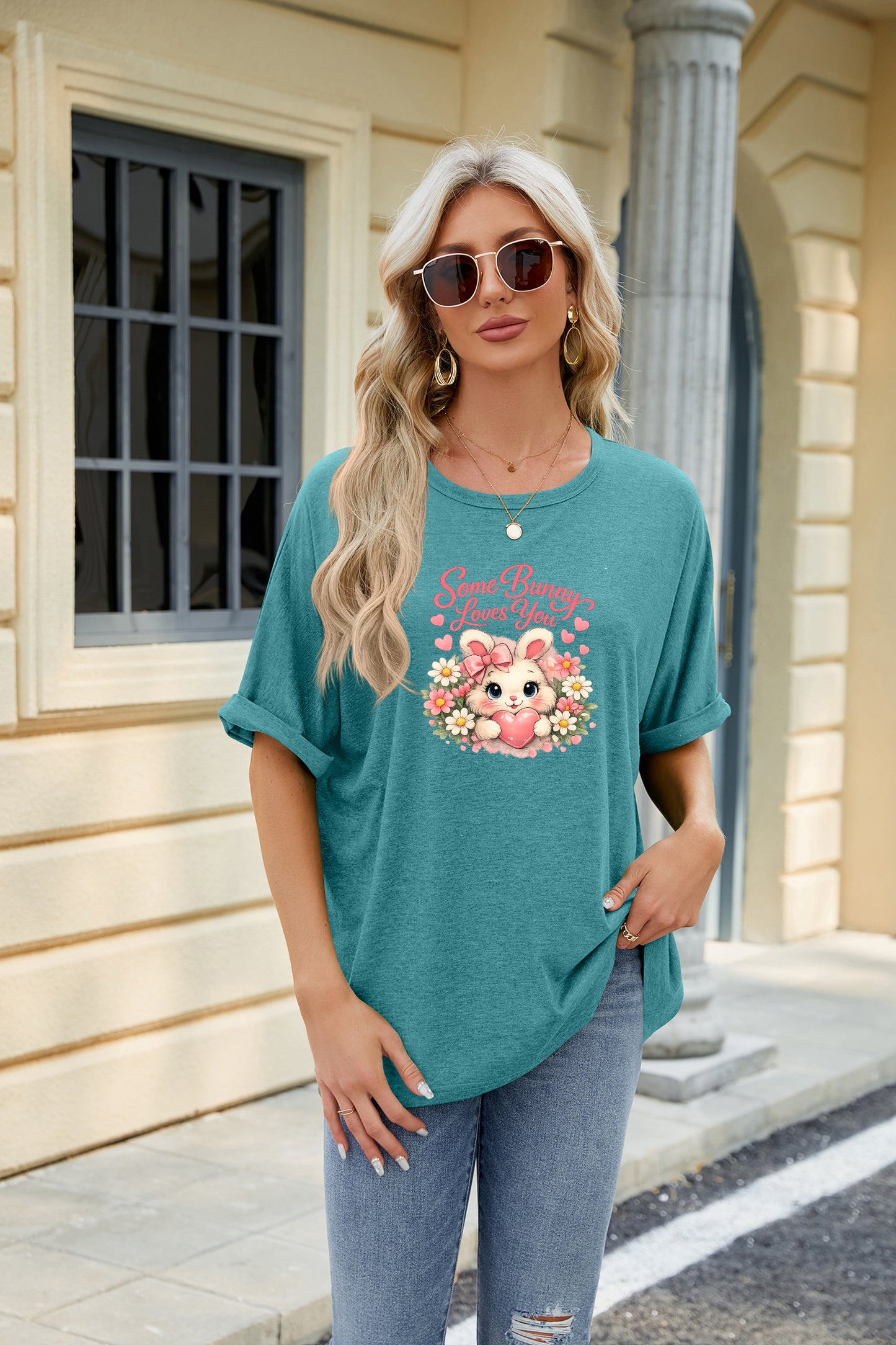 Easter Clover Heart Graphic Oversized Casual T Shirt