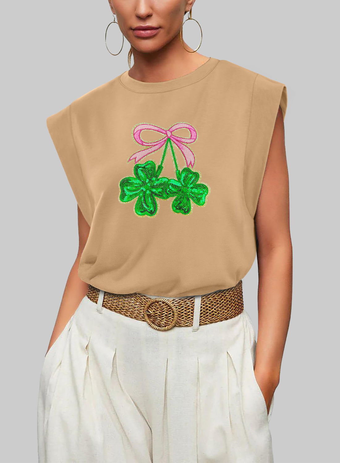 St Patricks Day Bow Shamrock Sequin Sleeveless Top