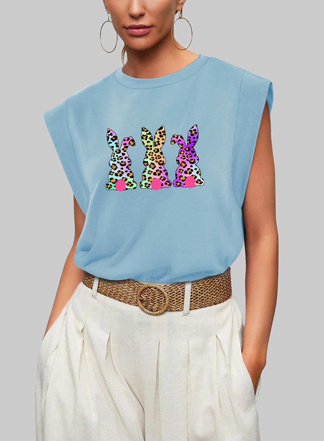 Easter Sequin Bunny Graphic Sleeveless Casual Top