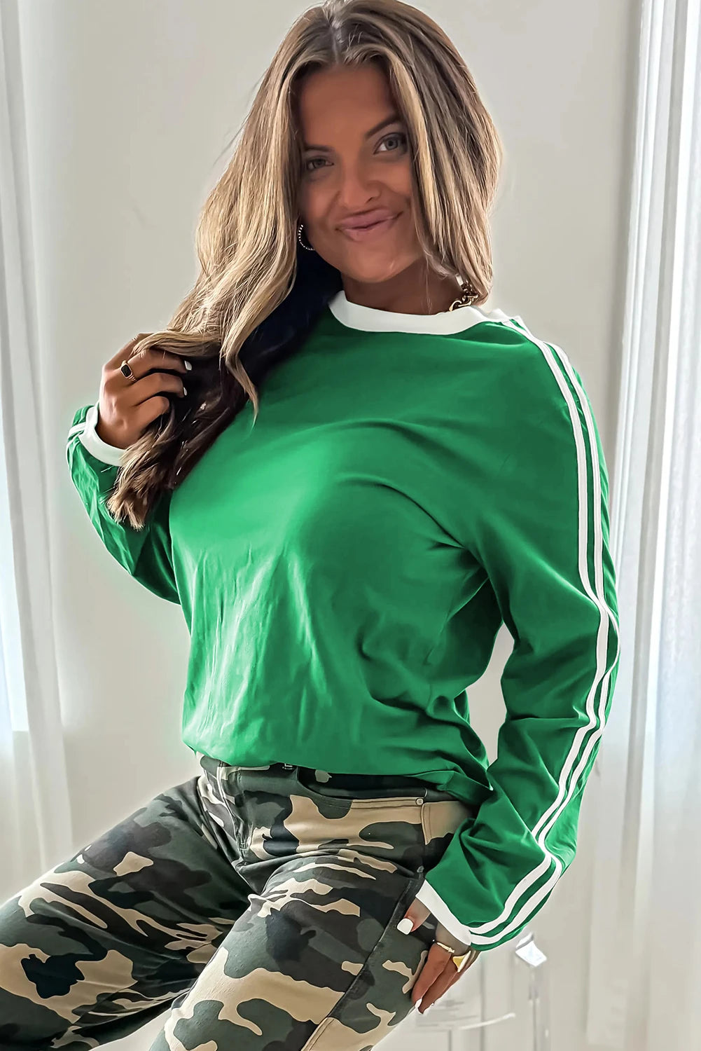 Fiery Red Varsity Striped Accent Contrast Crew Neck Long Sleeve T Shirt